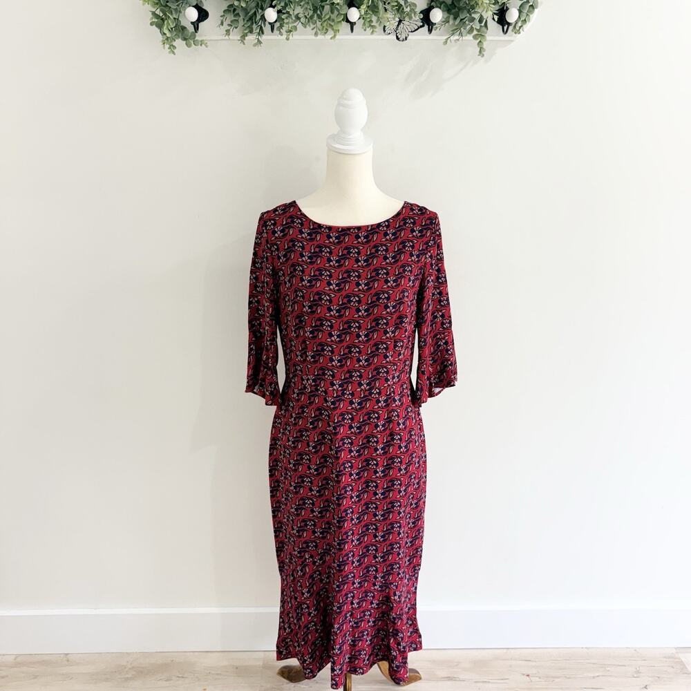 Boden Flippy Pencil Dress Long Sleeves Ruffle Red Floral Print Size 8L HH5074